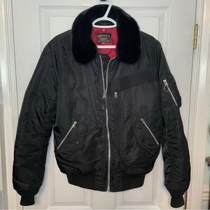 ALPHA Industries Black Bomber Jacket Fur Collar Small